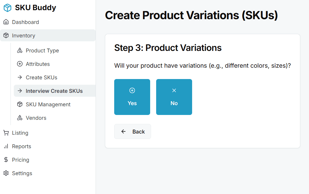 Screenshot of Step 3, showing the 'Yes' and 'No' buttons for variations.