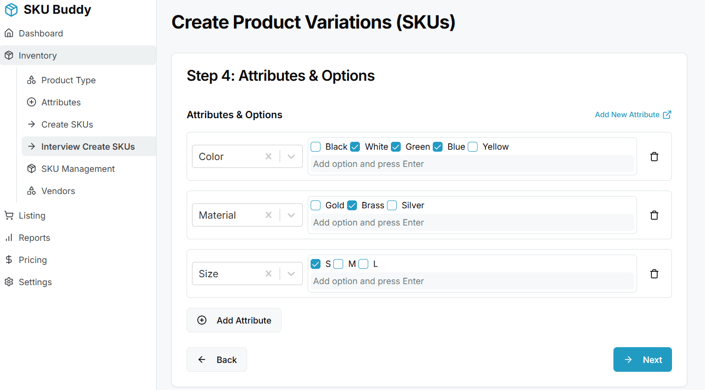 Screenshot of Step 4, showing the attribute and option selection interface.