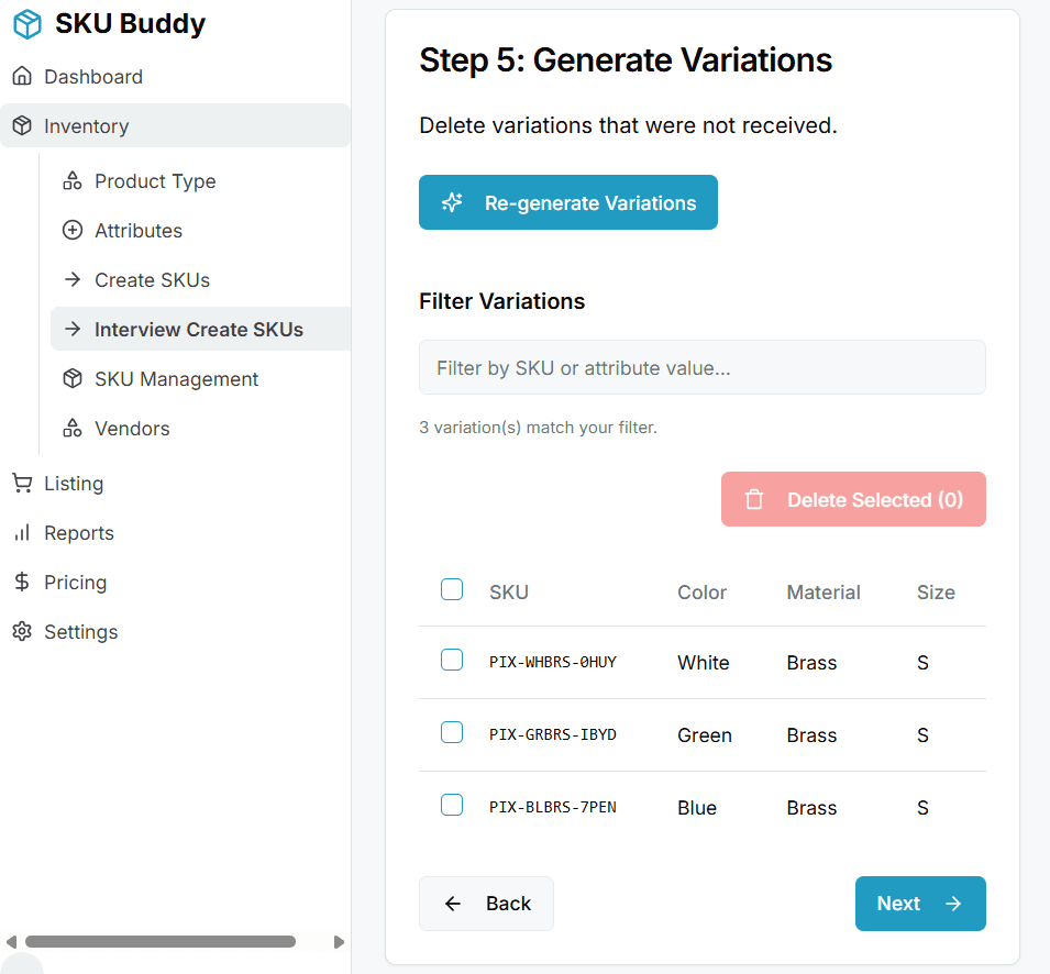 Screenshot of Step 5, showing the generated list of variations with checkboxes.