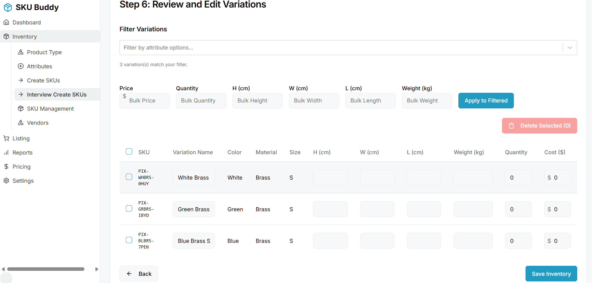 Screenshot of Step 6, showing the main table for editing quantity, cost, and dimensions.
